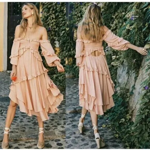 Spell & The Gypsy Clementine Mermaid Smocked Tiered Ruffle Maxi Dress XS - Picture 9 of 14